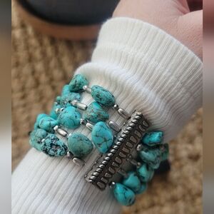 Chico's Chunky Turquoise Colored Stone & Silver Toned Beaded Stretch Bracelet